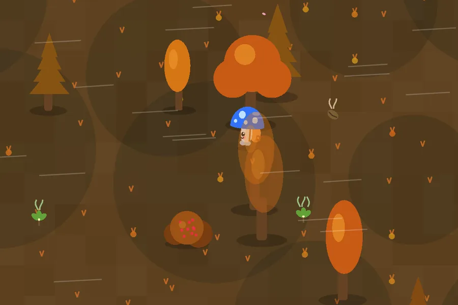 The orange Autumn Grove on a windy day, with matcha sprigs growing between golden trees