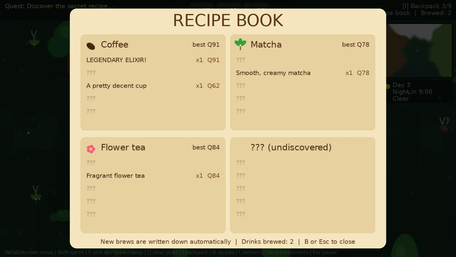 The recipe book open on four pages: Coffee, Matcha, Flower tea, and an undiscovered page marked with question marks