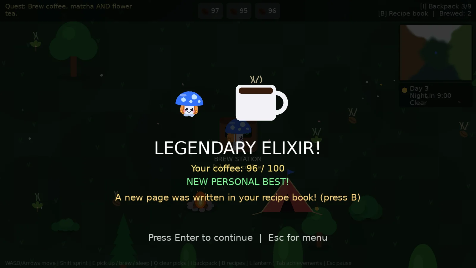 Brew result screen reading LEGENDARY ELIXIR! with a steaming mug of coffee scored 96 out of 100 and NEW PERSONAL BEST