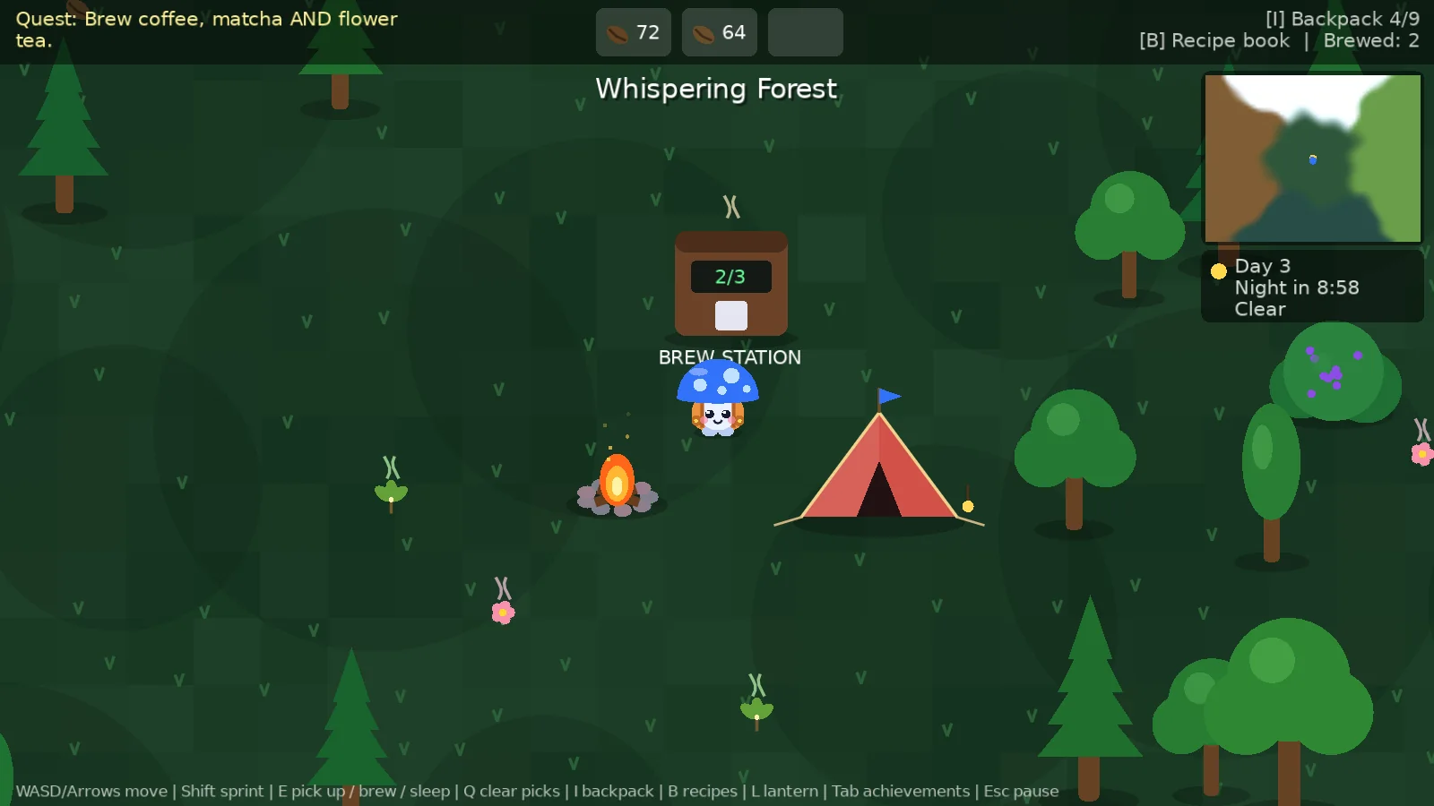 Blue Mushroom at home camp in the Whispering Forest, next to the brew station, a campfire and a red tent, with the quest bar and minimap on screen
