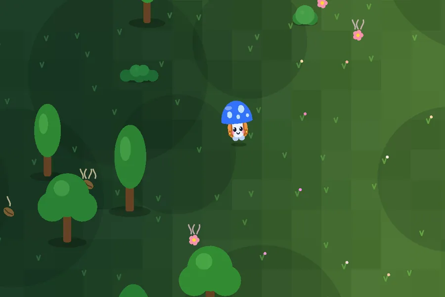 Blue Mushroom walking through the Whispering Forest among round trees, bushes and flowers