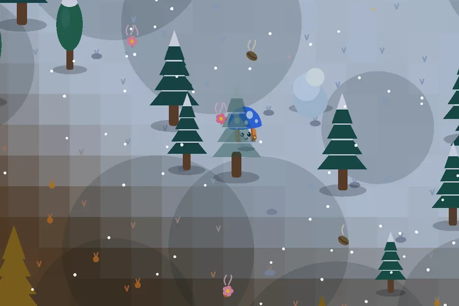 Snow falling on the pale Frosty Peaks between dark pine trees