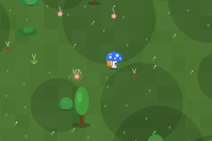 The bright green Flower Meadow, with a glowing legendary flower near Blue Mushroom