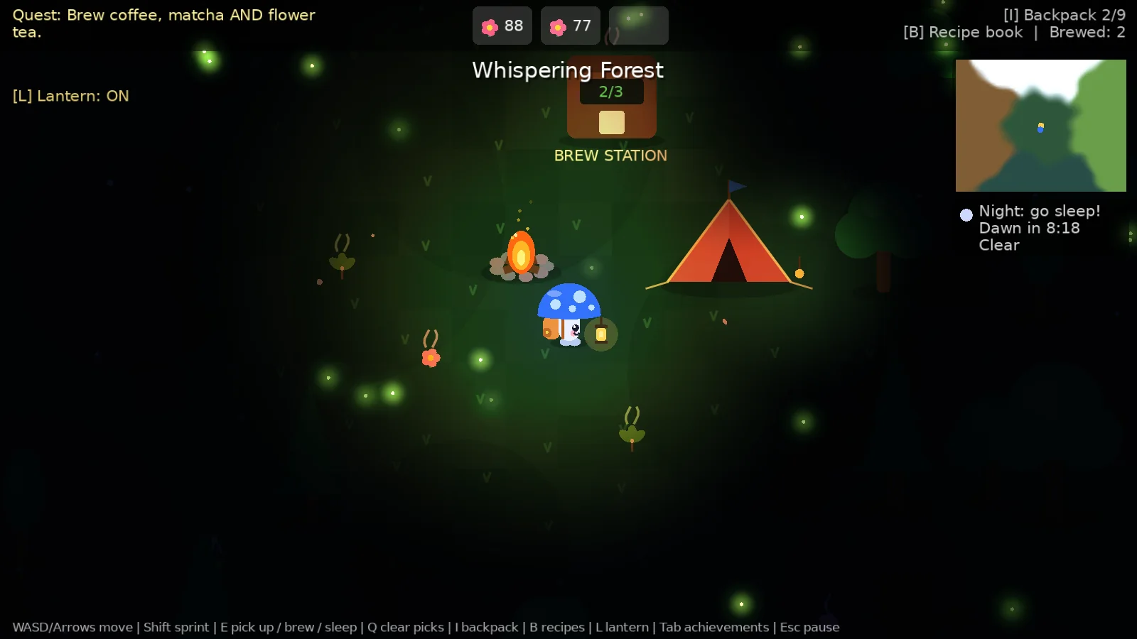 Night at camp: Blue Mushroom holds a glowing lantern near the campfire and tent while green fireflies drift through the dark forest